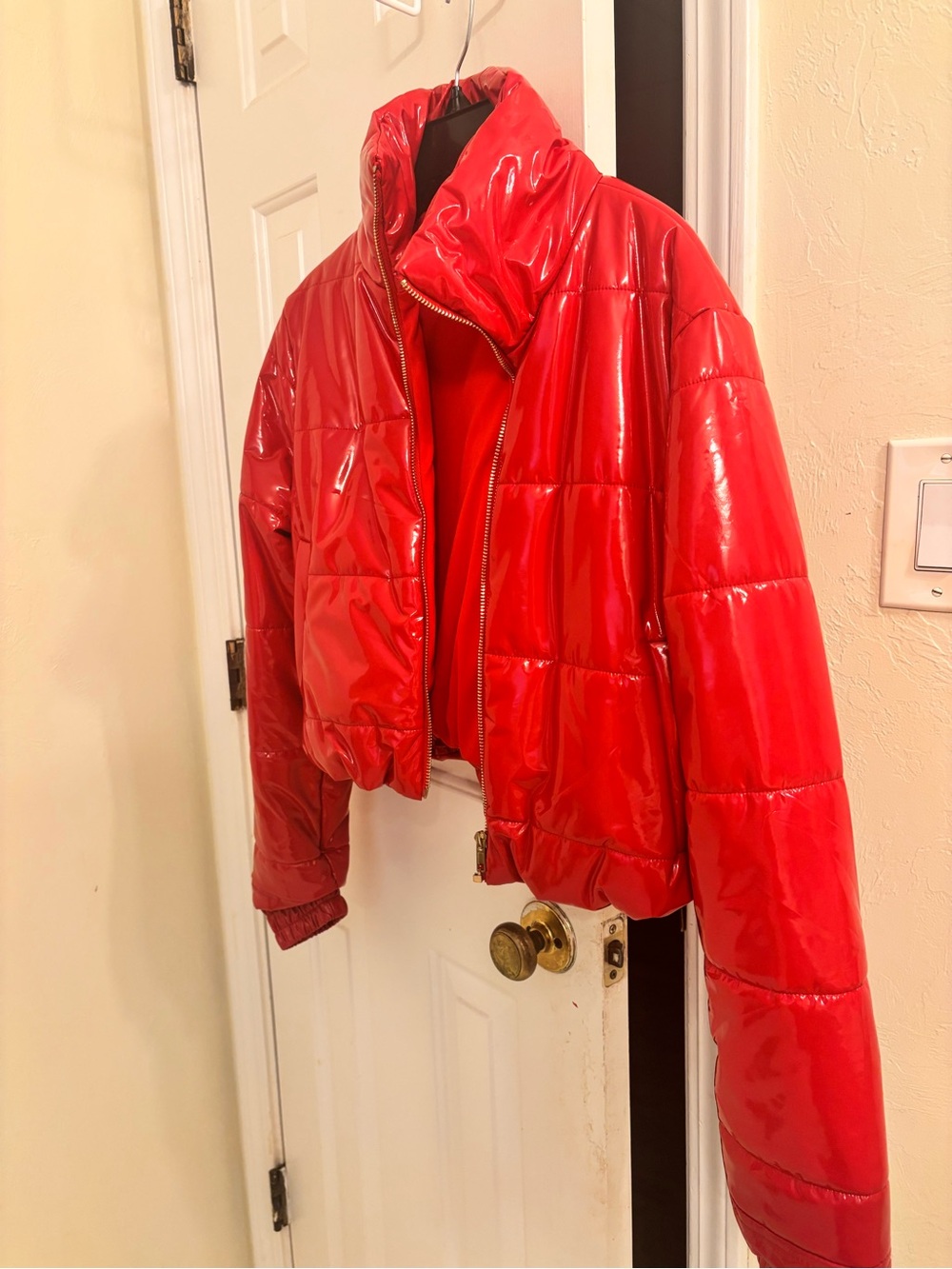 Red Women's Puffer Jacket - Glossy Quilted Coat